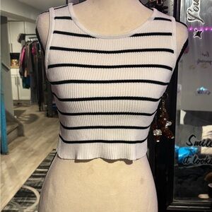 QED London White Cropped Ribbed Tank with Black Stripes